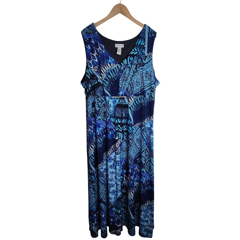 Catherines Maxi Dress Womens 3X Blue Geometric Print Sleeveless V-Neck Stretch